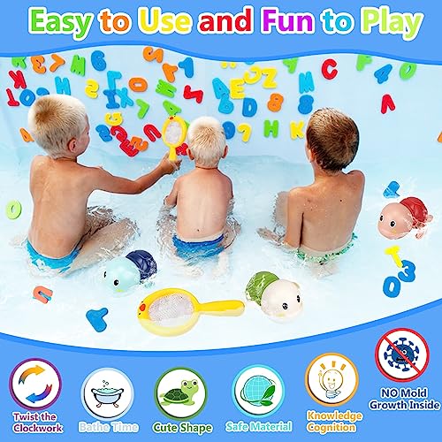 Wind-Up Turtle Bath Toys for Toddlers 1-3 – Foam Letters & Numbers with Storage
