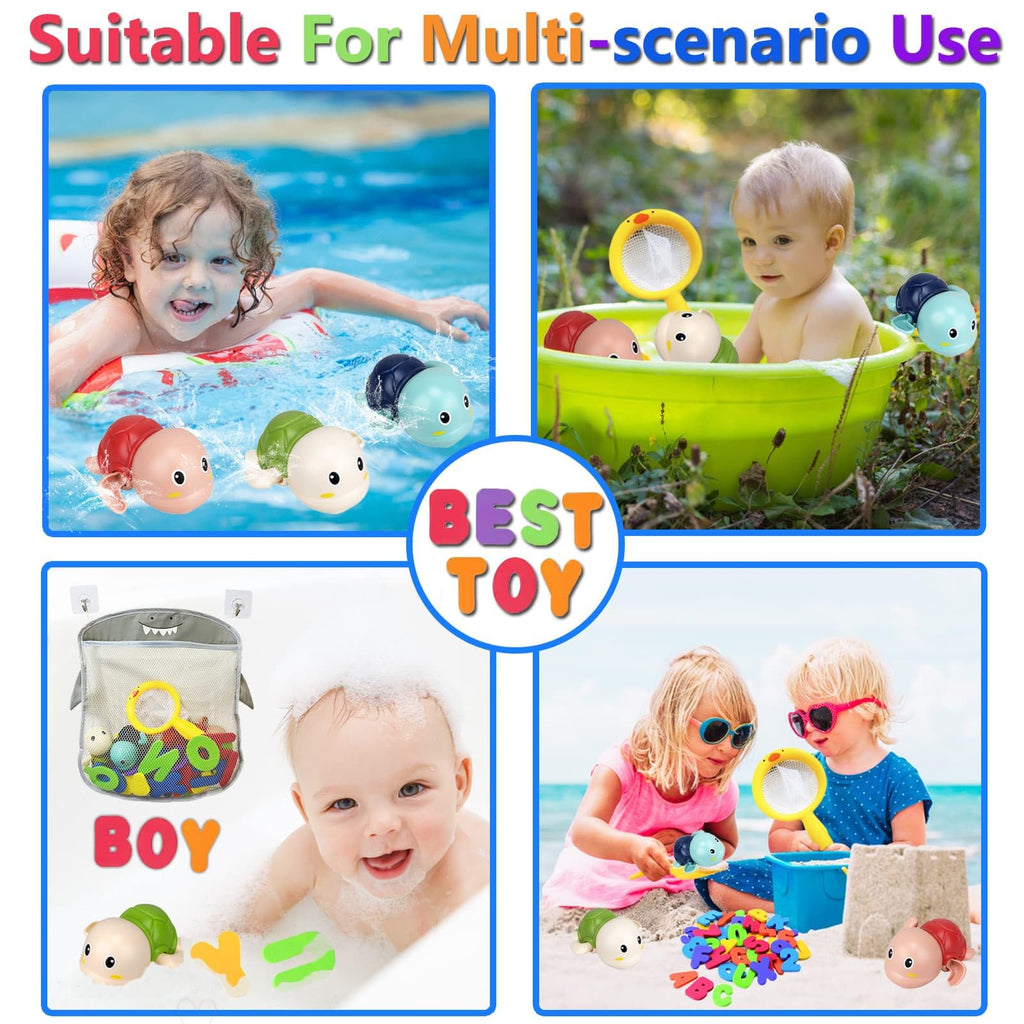 Wind-Up Turtle Bath Toys for Toddlers 1-3 – Foam Letters & Numbers with Storage