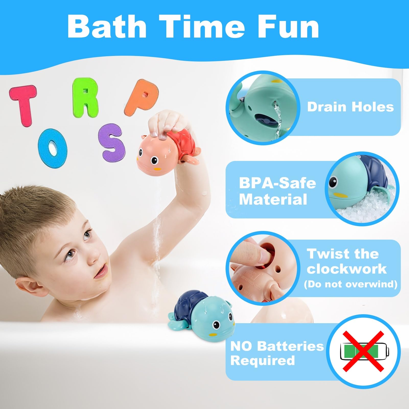Wind-Up Turtle Bath Toys for Toddlers 1-3 – Foam Letters & Numbers with Storage