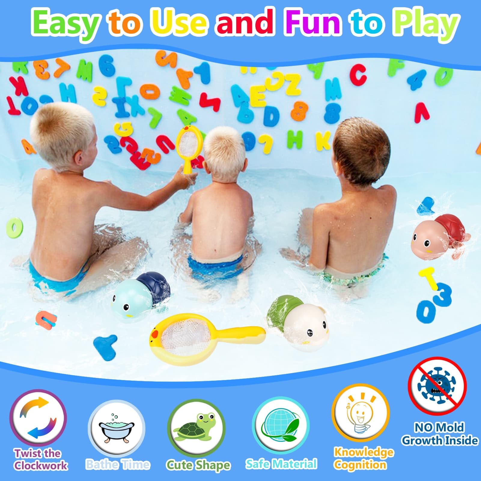 Wind-Up Turtle Bath Toys for Toddlers 1-3 – Foam Letters & Numbers with Storage