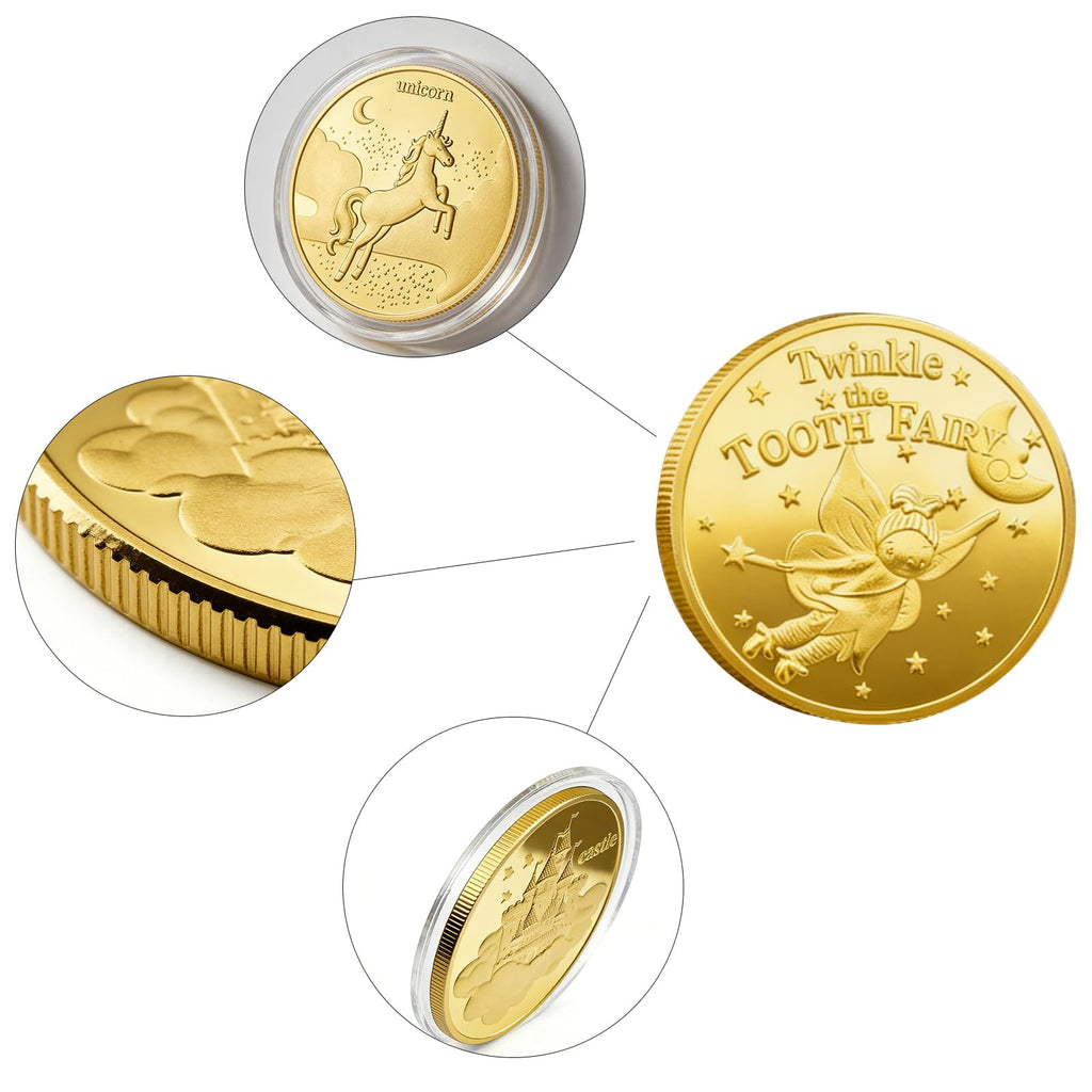 WINDSIUUU 10-Pack Tooth Fairy Coins - Gold Plated Metal Commemorative Coins for Lost Teeth, Kids Tooth Fairy Gifts