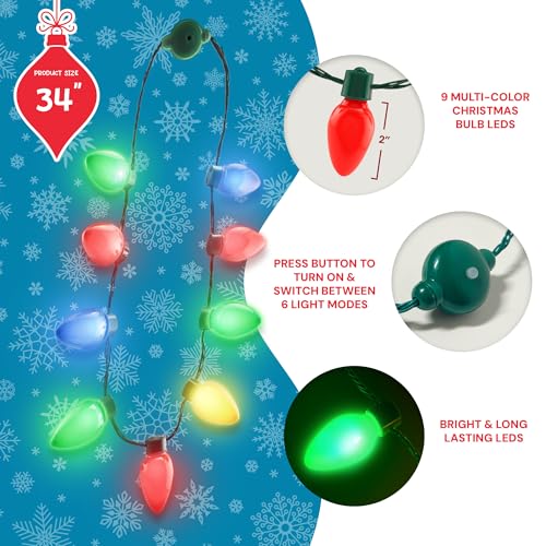 Windy City Novelties 4 Pack LED Christmas Bulb Necklace – 6 Light Modes, Battery Included, Reusable Holiday Accessory