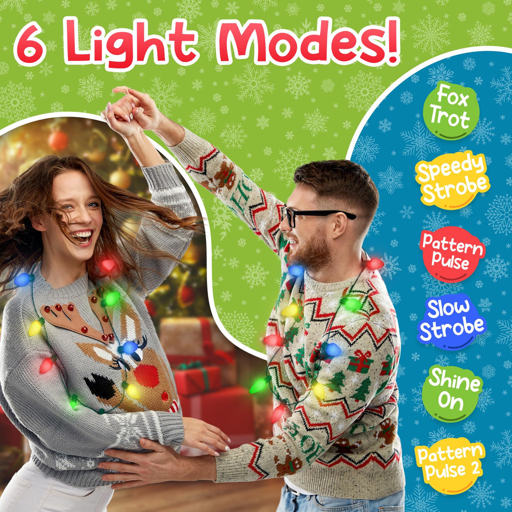 Windy City Novelties 4 Pack LED Christmas Bulb Necklace – 6 Light Modes, Battery Included, Reusable Holiday Accessory