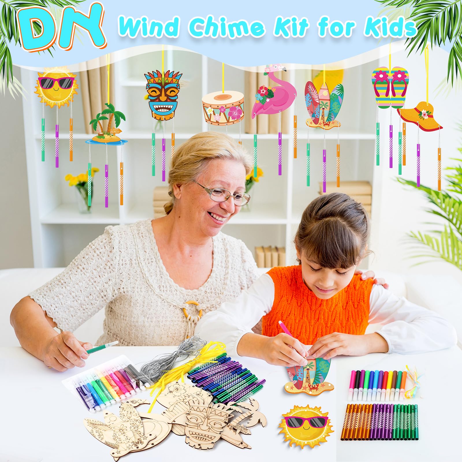WinnerWhy 16-Pack DIY Summer Wind Chime Kit - Craft Flamingos, Tiki, Surfboards