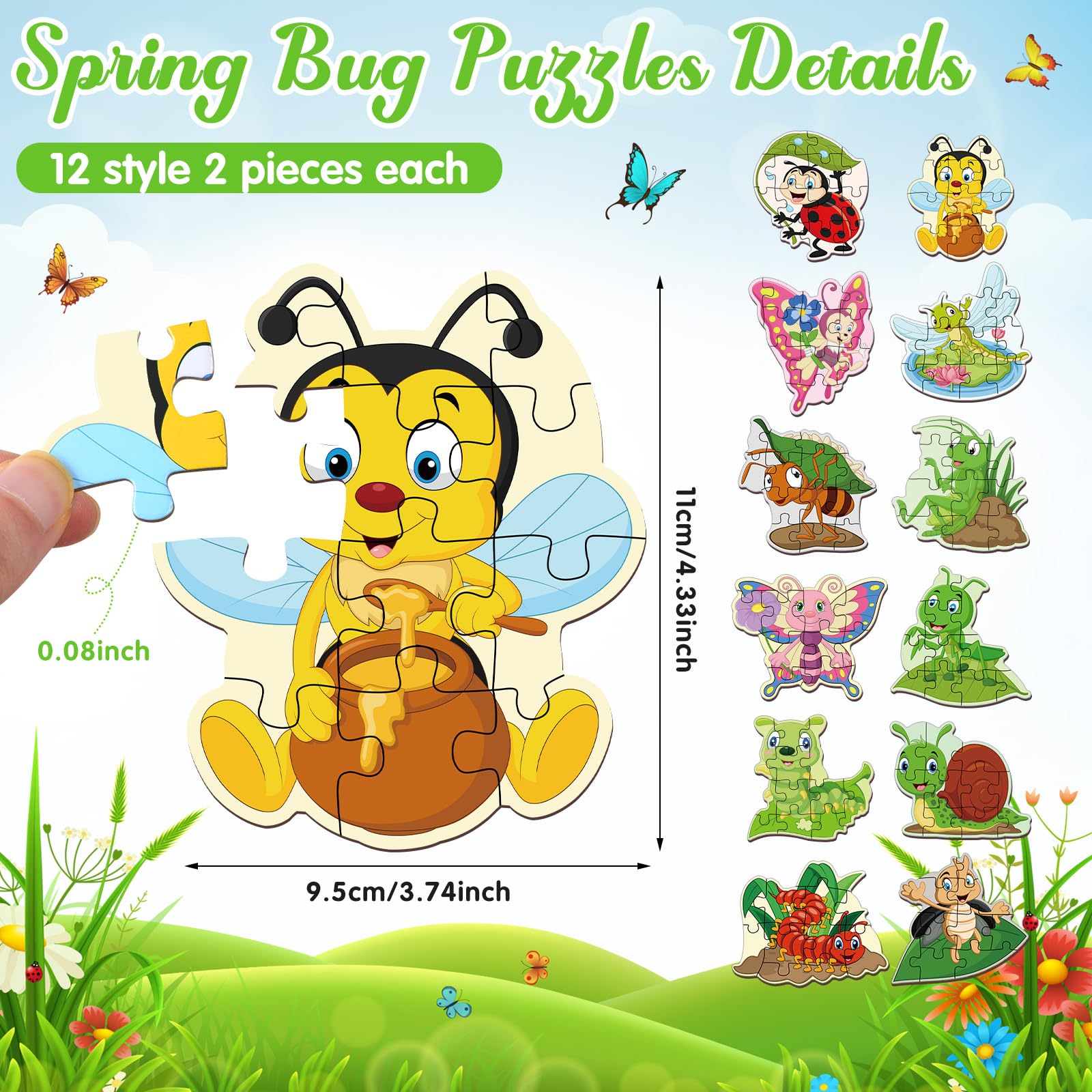 WinnerWhy 24 Pack Insect Puzzles for Kids – 12 Bug Designs, 8-Piece Jigsaw, Spring Theme Party Favors