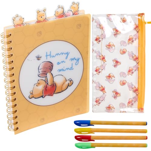 Winnie the Pooh Spiral Notebook Set with Gel Pens & Pencil Pouch - 96 Lined Pages, Tab Dividers, Yellow Vinyl Cover
