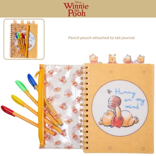 Winnie the Pooh Spiral Notebook Set with Gel Pens & Pencil Pouch - 96 Lined Pages, Tab Dividers, Yellow Vinyl Cover