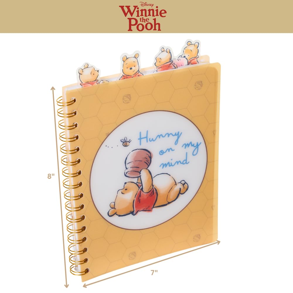 Winnie the Pooh Spiral Notebook Set with Gel Pens & Pencil Pouch - 96 Lined Pages, Tab Dividers, Yellow Vinyl Cover