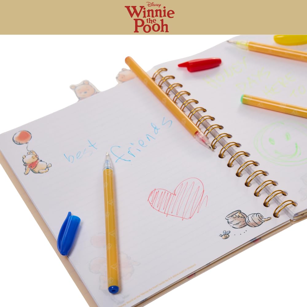 Winnie the Pooh Spiral Notebook Set with Gel Pens & Pencil Pouch - 96 Lined Pages, Tab Dividers, Yellow Vinyl Cover