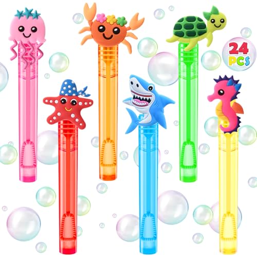 Winrayk 24-Pack Ocean Animal Mini Bubble Wands for Under the Sea Party Favors, Bulk Bubble Wands with Detachable Toppers, 6 Styles & Colors, Summer Pool Birthday Goody Bag Stuffers
