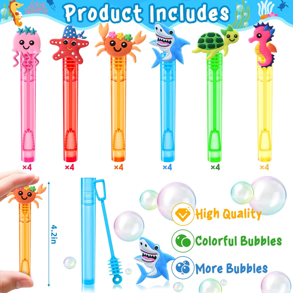 Winrayk 24-Pack Ocean Animal Mini Bubble Wands for Under the Sea Party Favors, Bulk Bubble Wands with Detachable Toppers, 6 Styles & Colors, Summer Pool Birthday Goody Bag Stuffers