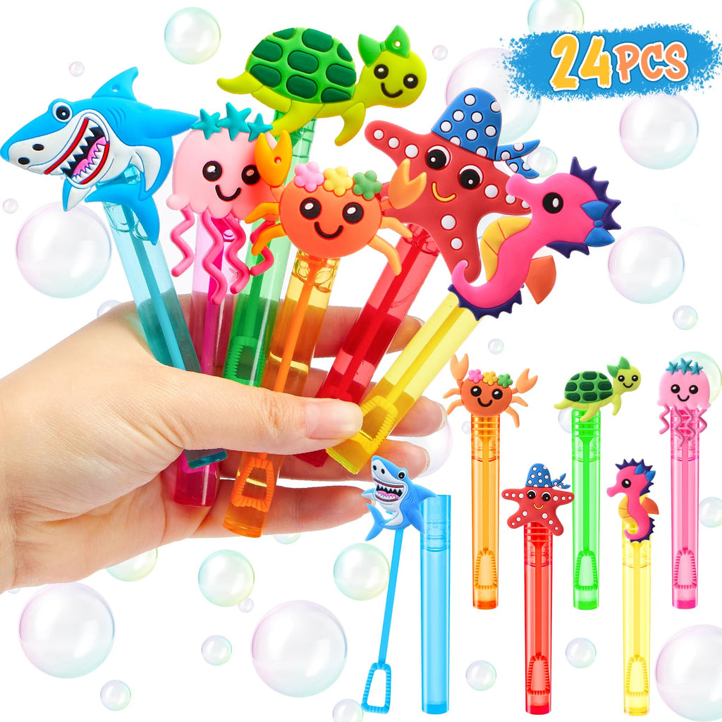 Winrayk 24-Pack Ocean Animal Mini Bubble Wands for Under the Sea Party Favors, Bulk Bubble Wands with Detachable Toppers, 6 Styles & Colors, Summer Pool Birthday Goody Bag Stuffers