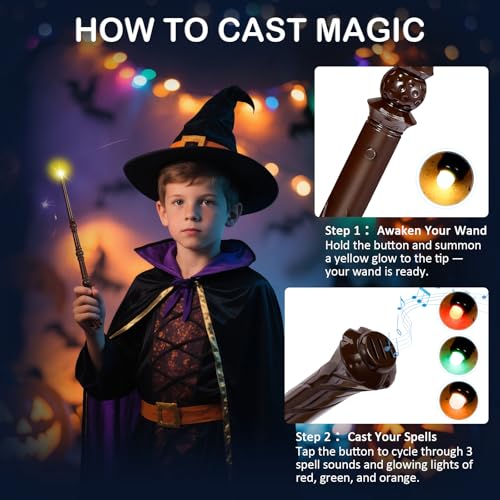 WinSence Light Up Magic Wizard Wand with Sounds & 4 Colors, 2 Pack (Black & Brown) for Kids Cosplay