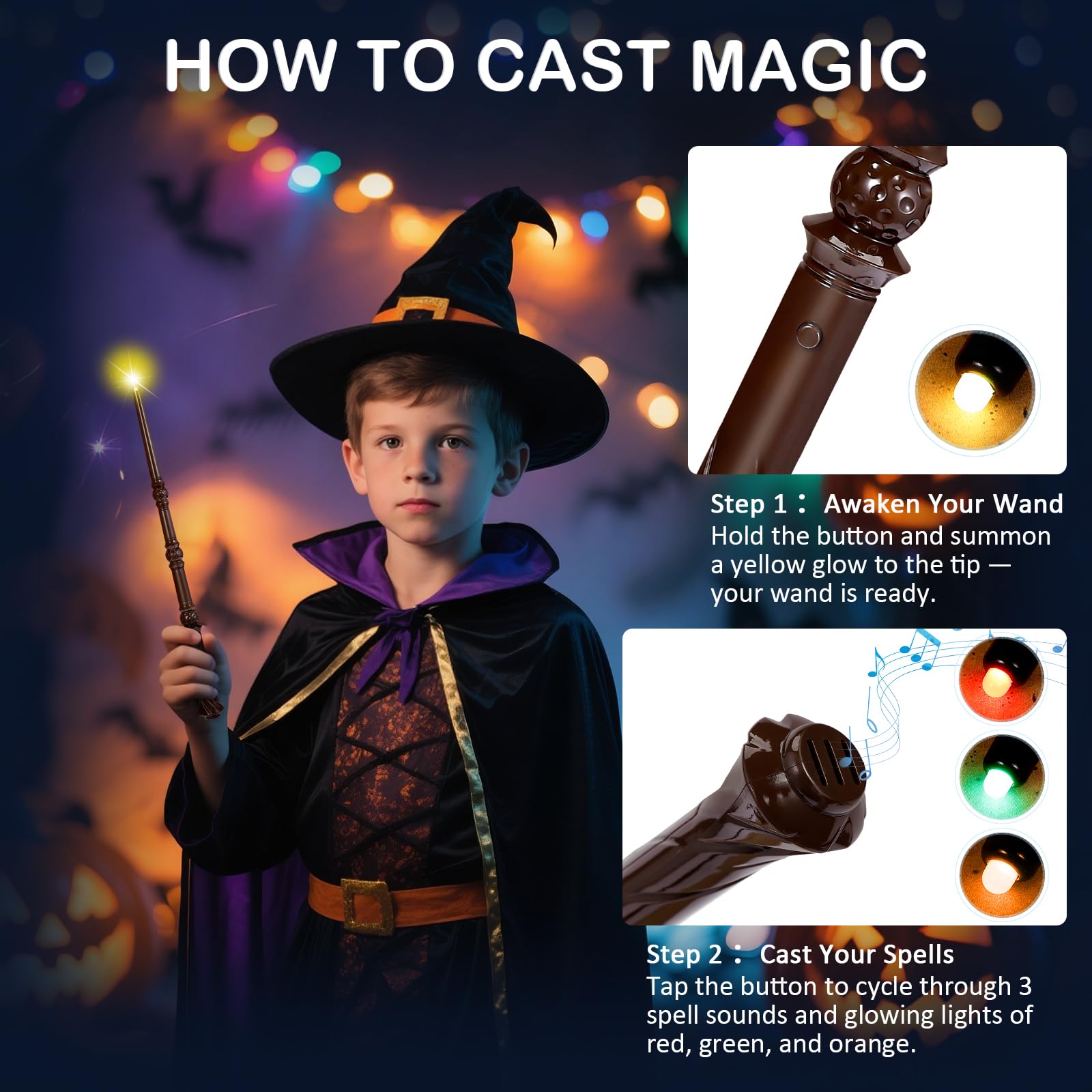 WinSence Light Up Magic Wizard Wand with Sounds & 4 Colors, 2 Pack (Black & Brown) for Kids Cosplay