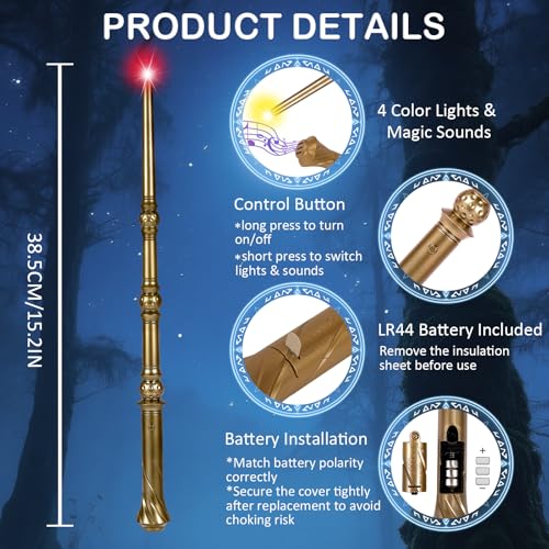 WinSence Light-Up Magic Wizard Wands 2-Pack – 15.2-Inch Illuminating Wands with Sounds & 4 Colors for Kids Cosplay