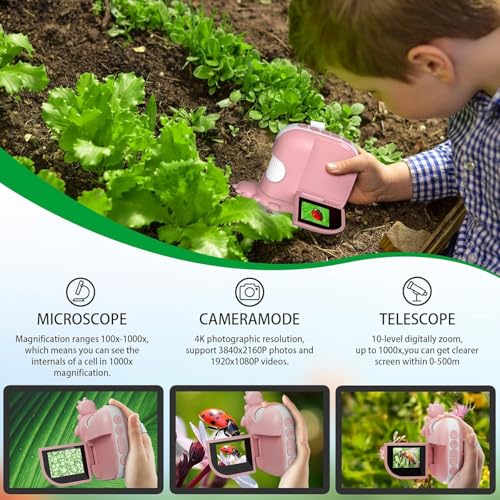 WINWEND Kids Digital Microscope 2-Inch 1000X Zoom, Handheld Camera, Pink – Educational Gift for Ages 3-12