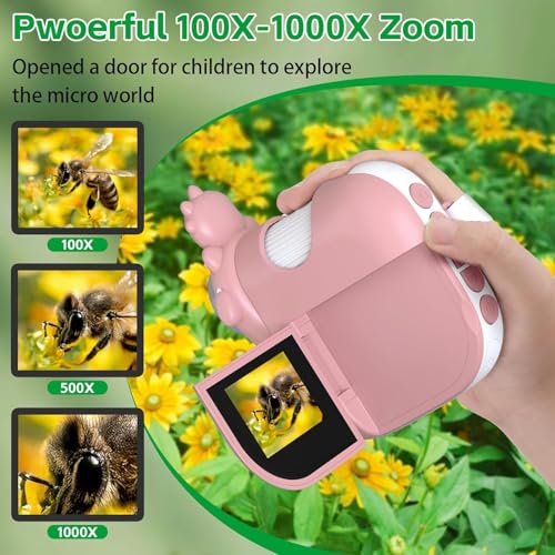 WINWEND Kids Digital Microscope 2-Inch 1000X Zoom, Handheld Camera, Pink – Educational Gift for Ages 3-12