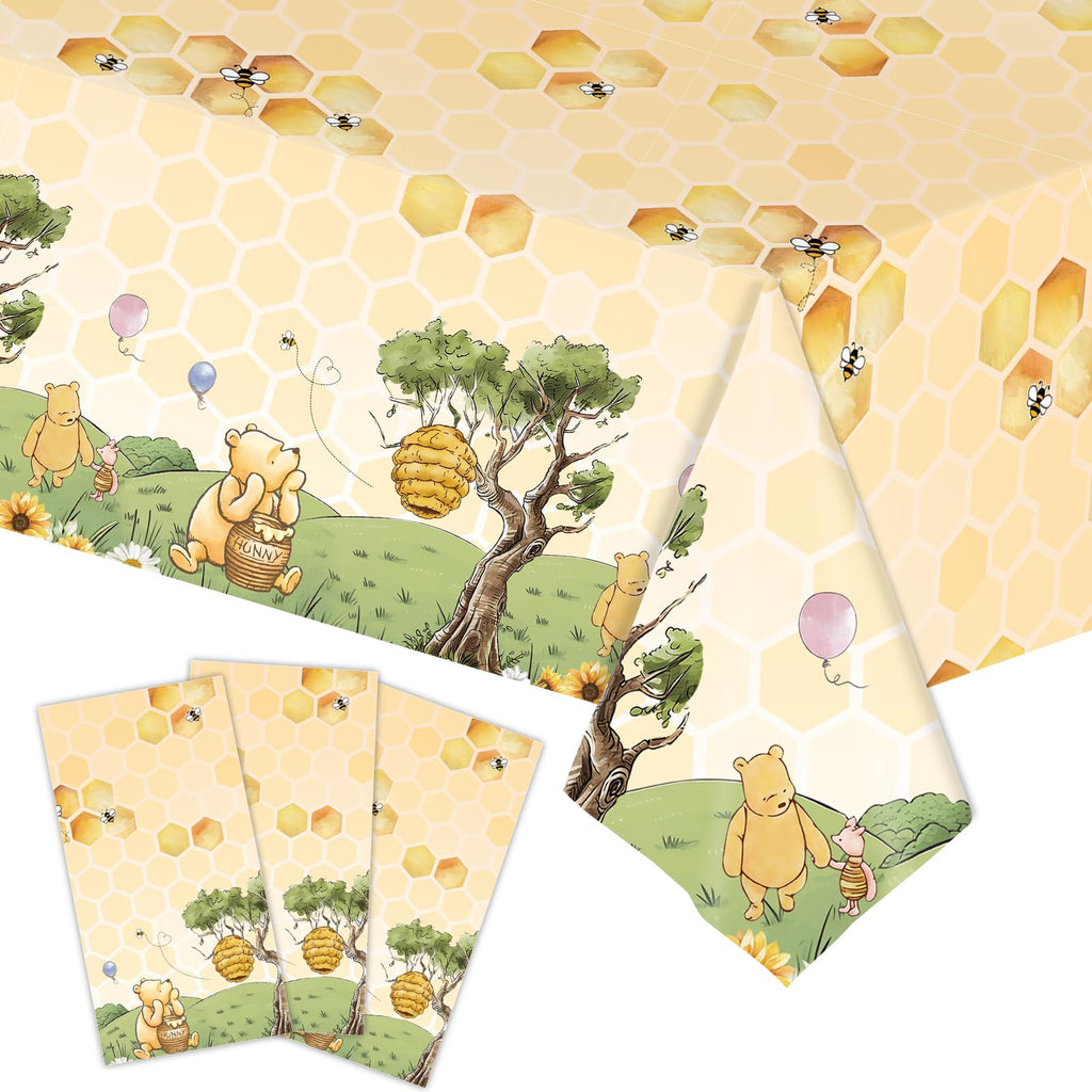 WISSLERMER 3-Pack Yellow Teddy Bear Disposable Plastic Tablecloths 54x108 Inches for Baby Shower Party