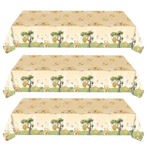 WISSLERMER 3-Pack Yellow Teddy Bear Disposable Plastic Tablecloths 54x108 Inches for Baby Shower Party