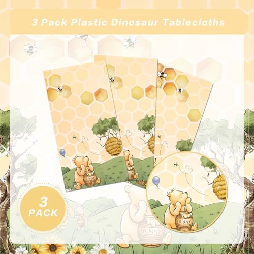 WISSLERMER 3-Pack Yellow Teddy Bear Disposable Plastic Tablecloths 54x108 Inches for Baby Shower Party