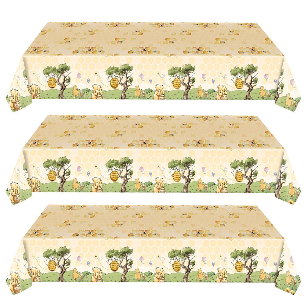 WISSLERMER 3-Pack Yellow Teddy Bear Disposable Plastic Tablecloths 54x108 Inches for Baby Shower Party
