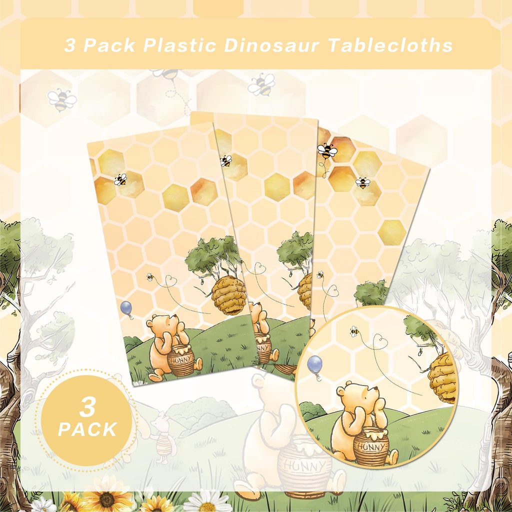 WISSLERMER 3-Pack Yellow Teddy Bear Disposable Plastic Tablecloths 54x108 Inches for Baby Shower Party