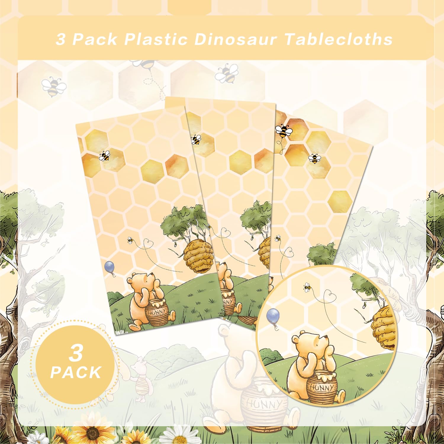 WISSLERMER 3-Pack Yellow Teddy Bear Disposable Plastic Tablecloths 54x108 Inches for Baby Shower Party