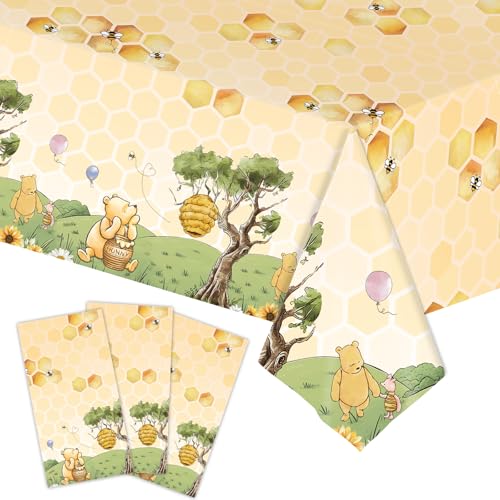 WISSLERMER 3-Pack Yellow Teddy Bear Disposable Plastic Tablecloths 54x108 Inches for Baby Shower Party