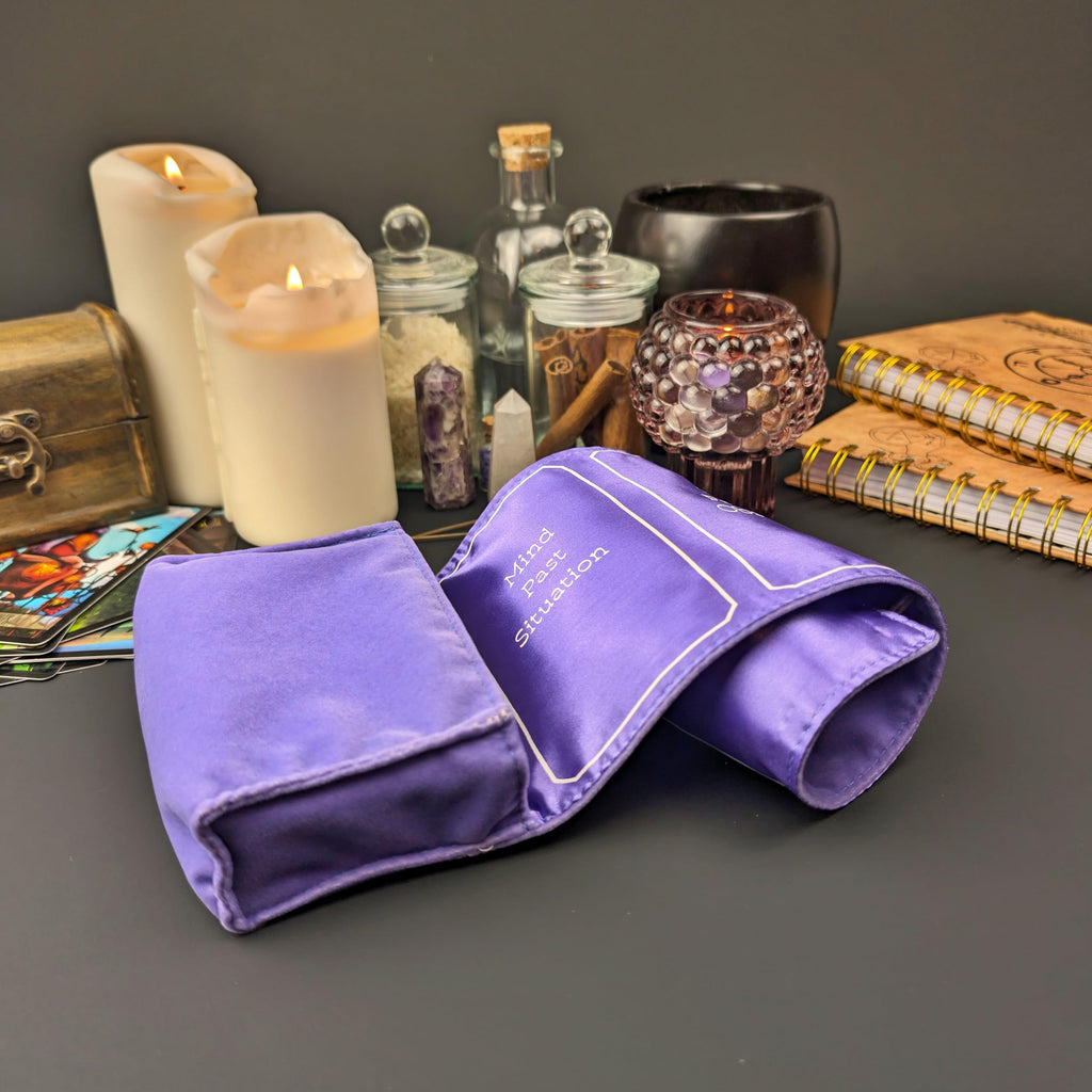 Witchy Cauldron Lavender Velvet Tarot Wrap – 2-in-1 Reading Cloth and Storage Pouch with 3 Spread Guides