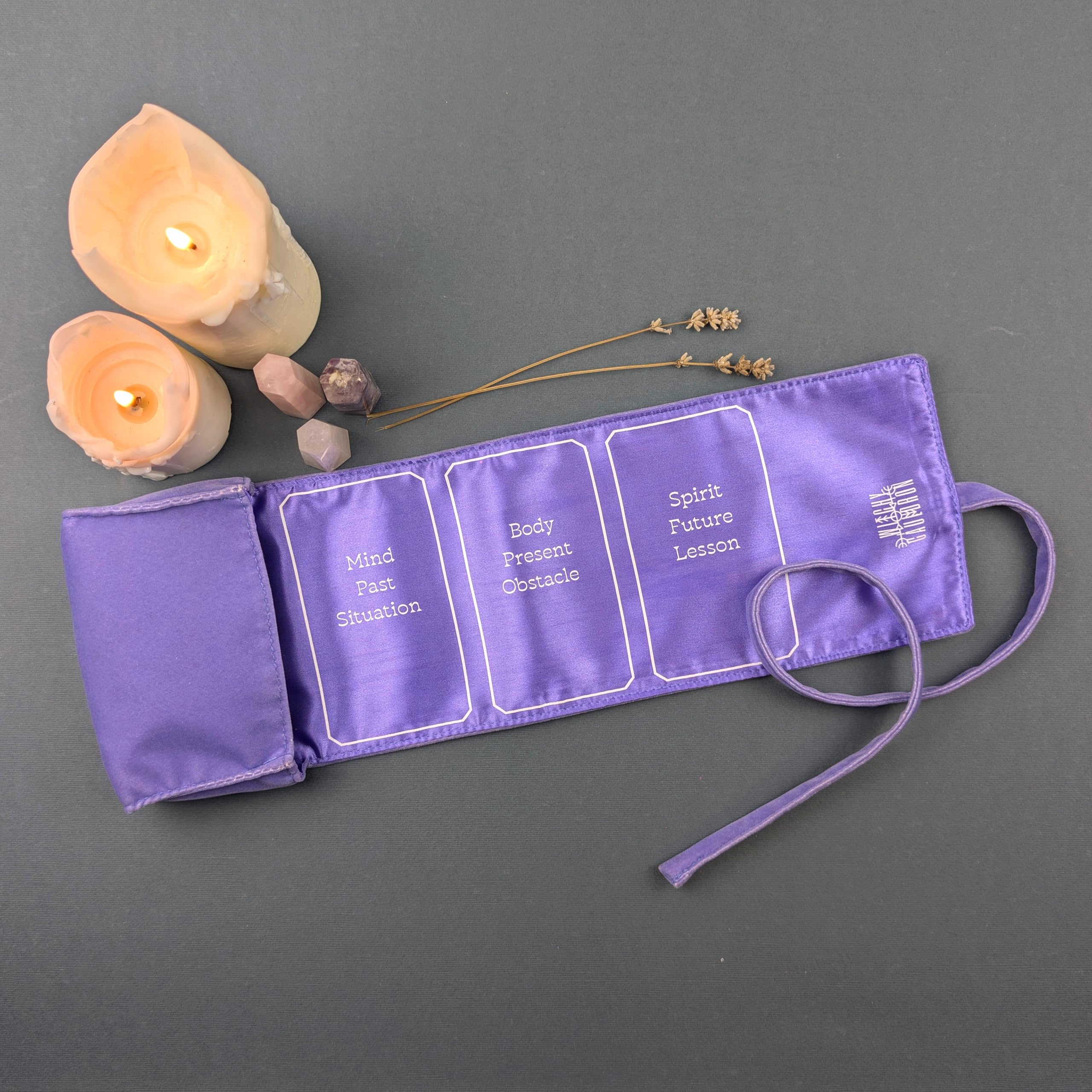Witchy Cauldron Lavender Velvet Tarot Wrap – 2-in-1 Reading Cloth and Storage Pouch with 3 Spread Guides