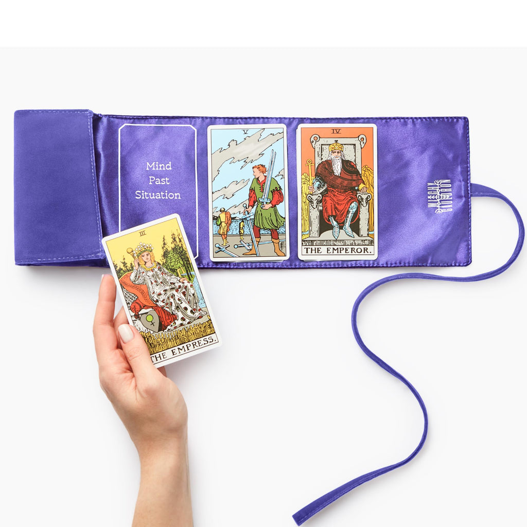 Witchy Cauldron Lavender Velvet Tarot Wrap – 2-in-1 Reading Cloth and Storage Pouch with 3 Spread Guides