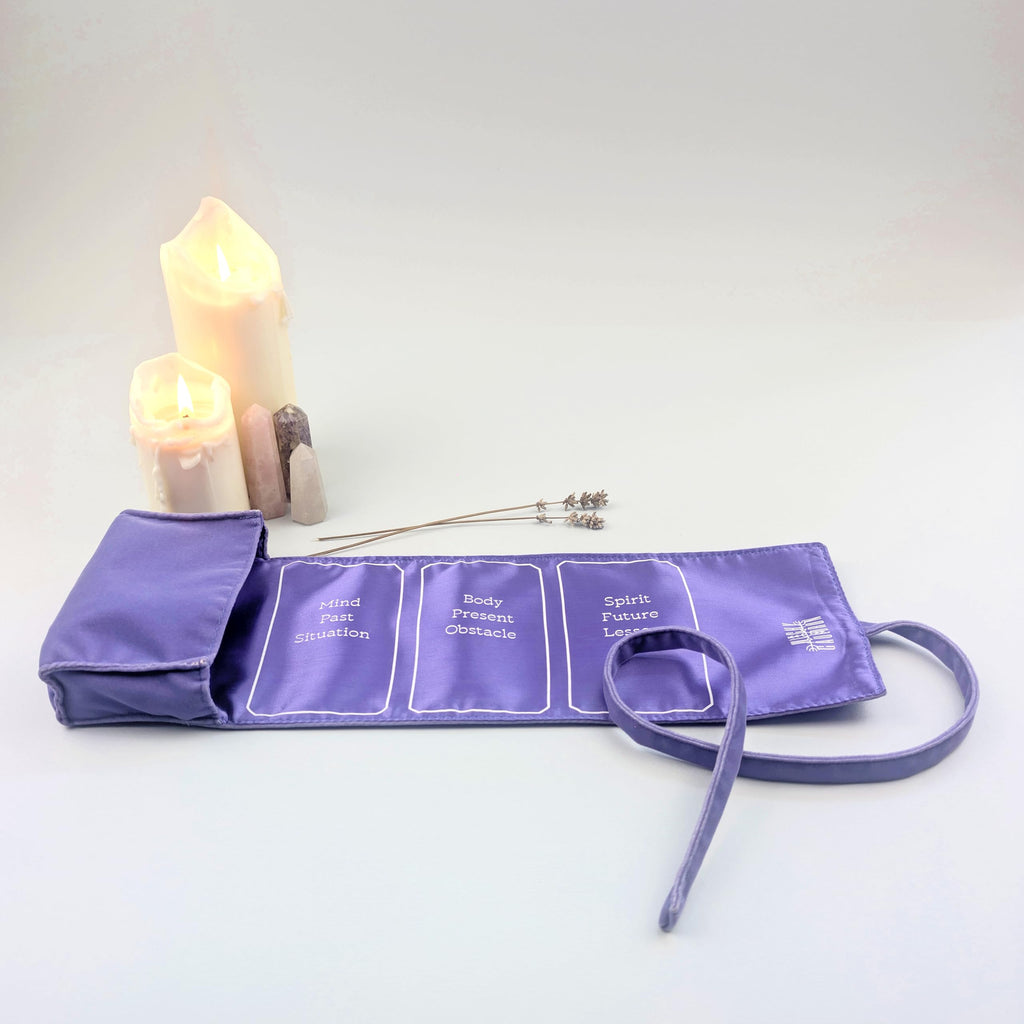 Witchy Cauldron Lavender Velvet Tarot Wrap – 2-in-1 Reading Cloth and Storage Pouch with 3 Spread Guides