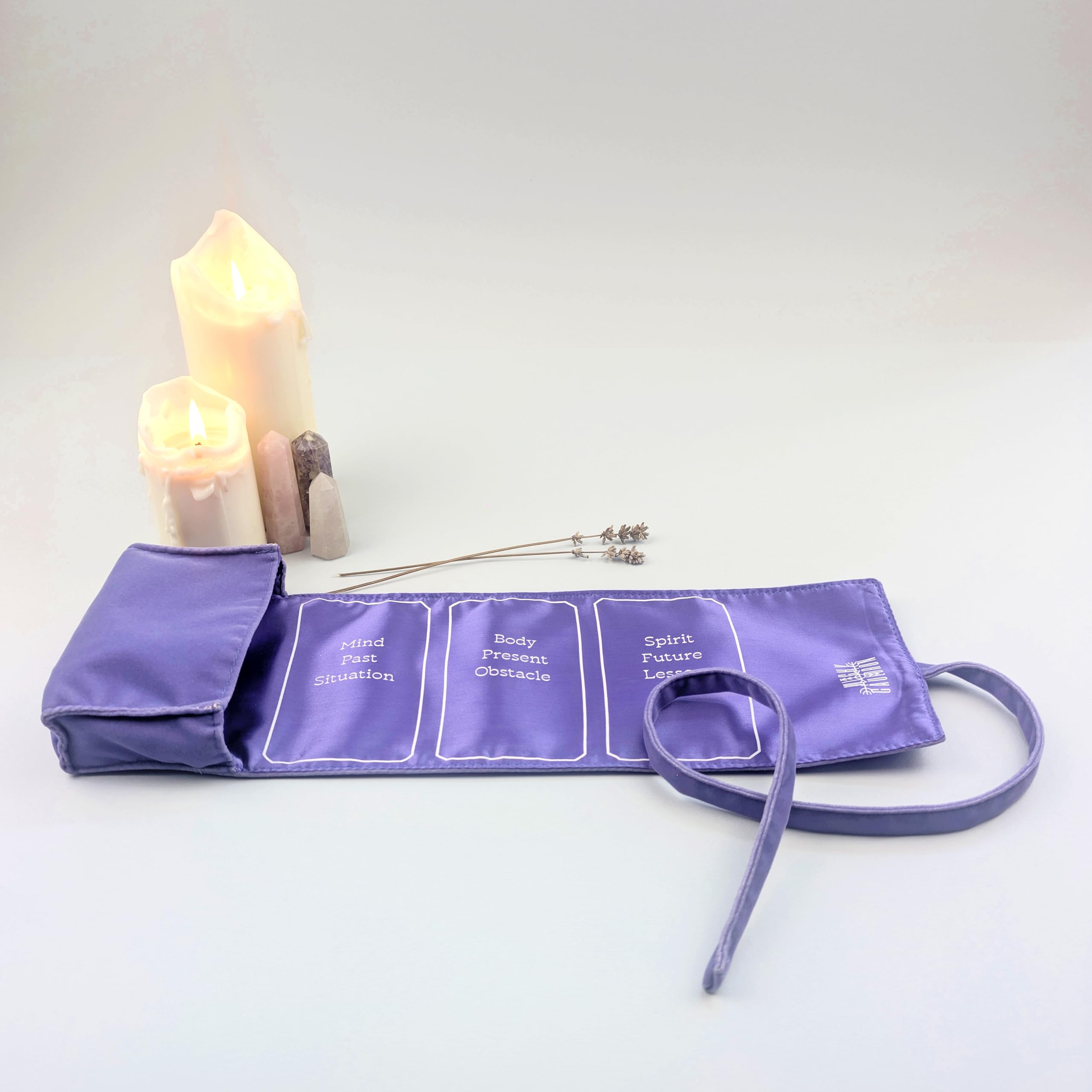 Witchy Cauldron Lavender Velvet Tarot Wrap – 2-in-1 Reading Cloth and Storage Pouch with 3 Spread Guides