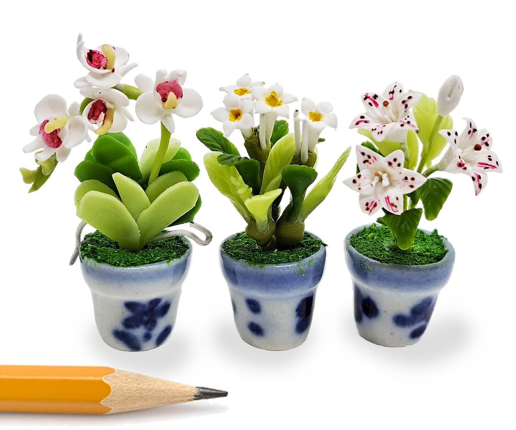WitnyStore Miniature Handcrafted Clay Flower Pots Set of 3 - Lily, Orchid, Plumeria - 1½ Inch Tiny Artificial Flowers for Dollhouse Decor