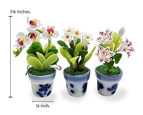 WitnyStore Miniature Handcrafted Clay Flower Pots Set of 3 - Lily, Orchid, Plumeria - 1½ Inch Tiny Artificial Flowers for Dollhouse Decor