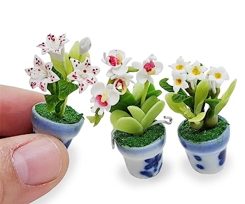WitnyStore Miniature Handcrafted Clay Flower Pots Set of 3 - Lily, Orchid, Plumeria - 1½ Inch Tiny Artificial Flowers for Dollhouse Decor