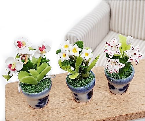 WitnyStore Miniature Handcrafted Clay Flower Pots Set of 3 - Lily, Orchid, Plumeria - 1½ Inch Tiny Artificial Flowers for Dollhouse Decor