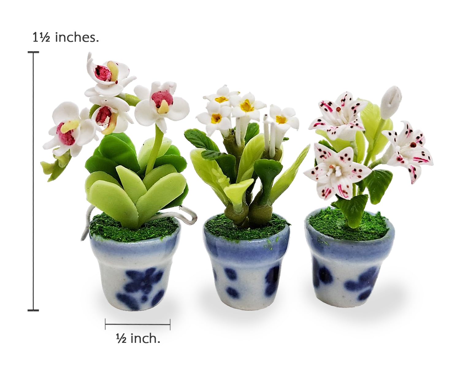 WitnyStore Miniature Handcrafted Clay Flower Pots Set of 3 - Lily, Orchid, Plumeria - 1½ Inch Tiny Artificial Flowers for Dollhouse Decor