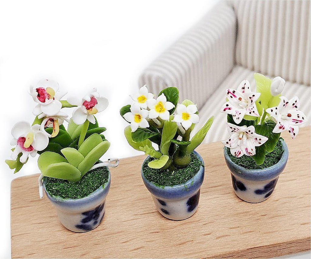 WitnyStore Miniature Handcrafted Clay Flower Pots Set of 3 - Lily, Orchid, Plumeria - 1½ Inch Tiny Artificial Flowers for Dollhouse Decor