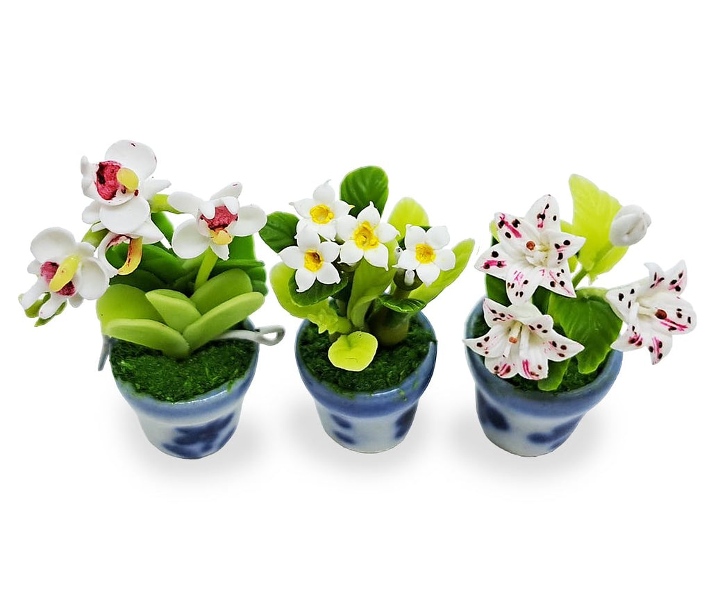 WitnyStore Miniature Handcrafted Clay Flower Pots Set of 3 - Lily, Orchid, Plumeria - 1½ Inch Tiny Artificial Flowers for Dollhouse Decor