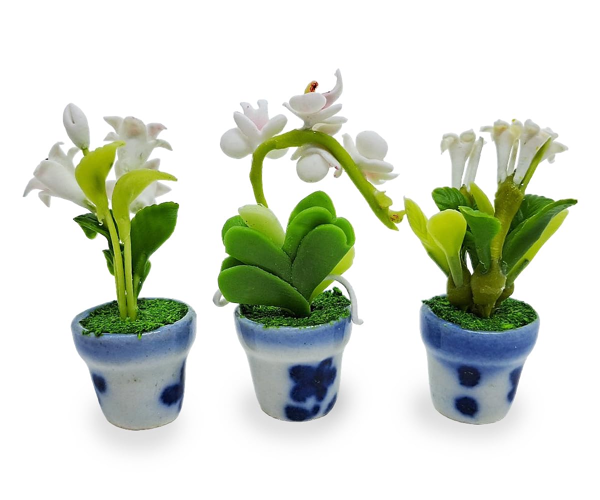 WitnyStore Miniature Handcrafted Clay Flower Pots Set of 3 - Lily, Orchid, Plumeria - 1½ Inch Tiny Artificial Flowers for Dollhouse Decor