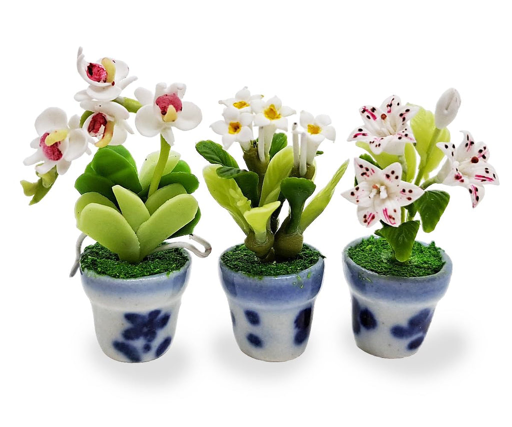 WitnyStore Miniature Handcrafted Clay Flower Pots Set of 3 - Lily, Orchid, Plumeria - 1½ Inch Tiny Artificial Flowers for Dollhouse Decor