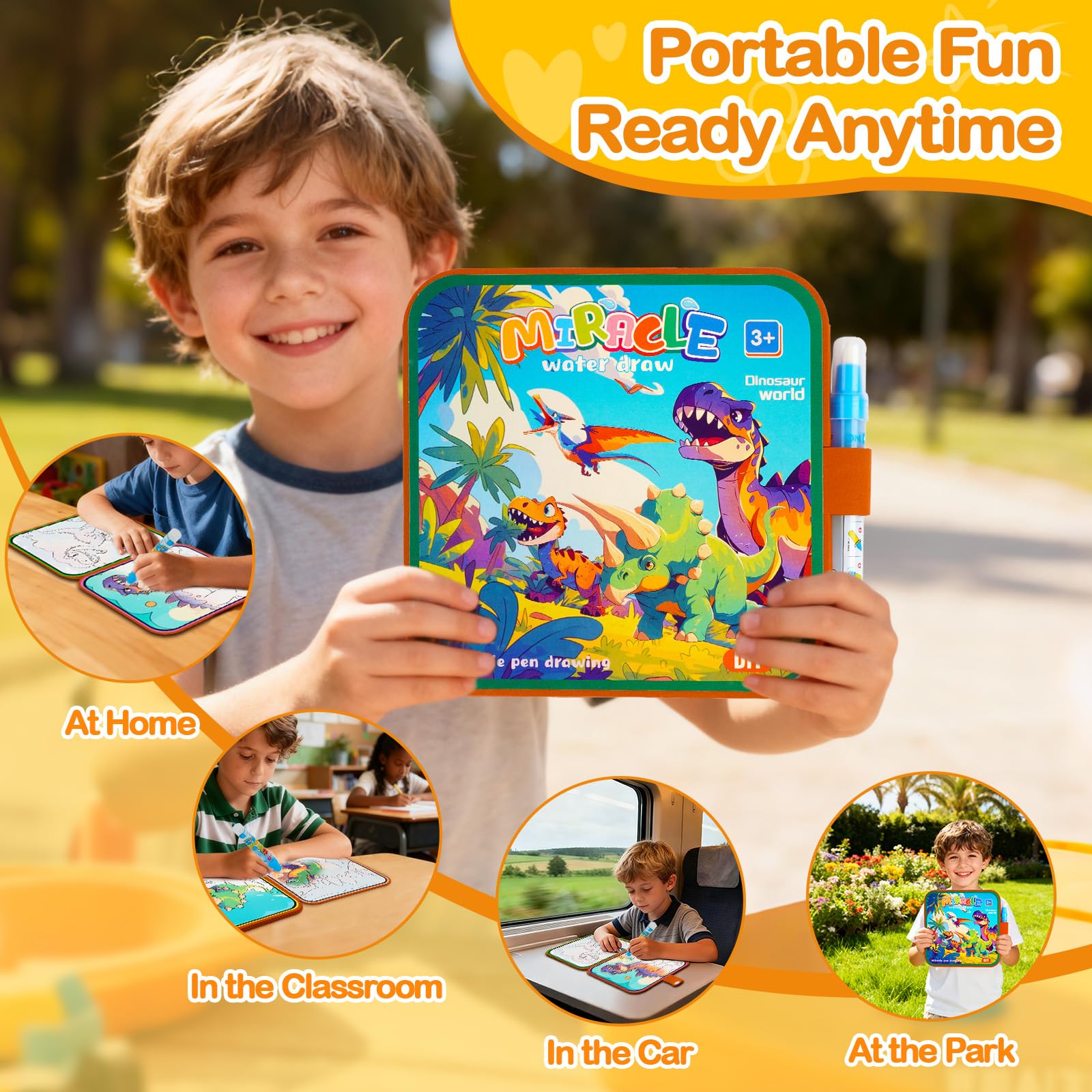WixbFyn Reusable Dinosaur Water Coloring Book – Mess-Free Water Painting for Toddlers Age 3+