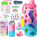 Wninbu DIY Mermaid Water Bottle Kit for Girls - 16 oz Stainless Steel with Gem Art Stickers and Fidget Keychain
