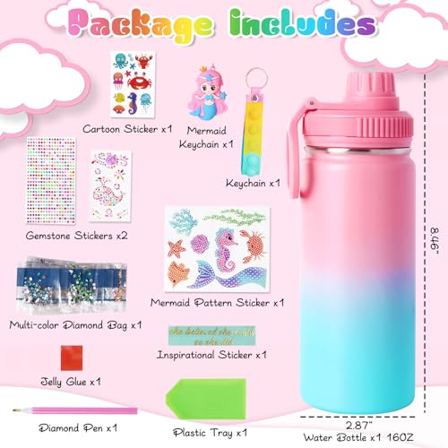 Wninbu DIY Mermaid Water Bottle Kit for Girls - 16 oz Stainless Steel with Gem Art Stickers and Fidget Keychain