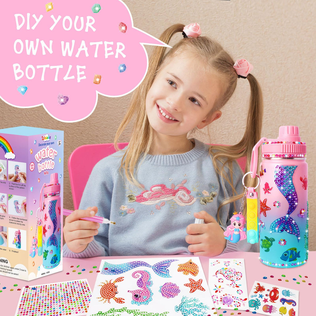 Wninbu DIY Mermaid Water Bottle Kit for Girls - 16 oz Stainless Steel with Gem Art Stickers and Fidget Keychain