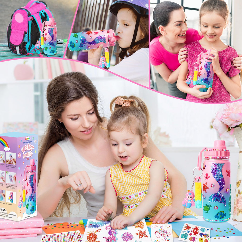Wninbu DIY Mermaid Water Bottle Kit for Girls - 16 oz Stainless Steel with Gem Art Stickers and Fidget Keychain