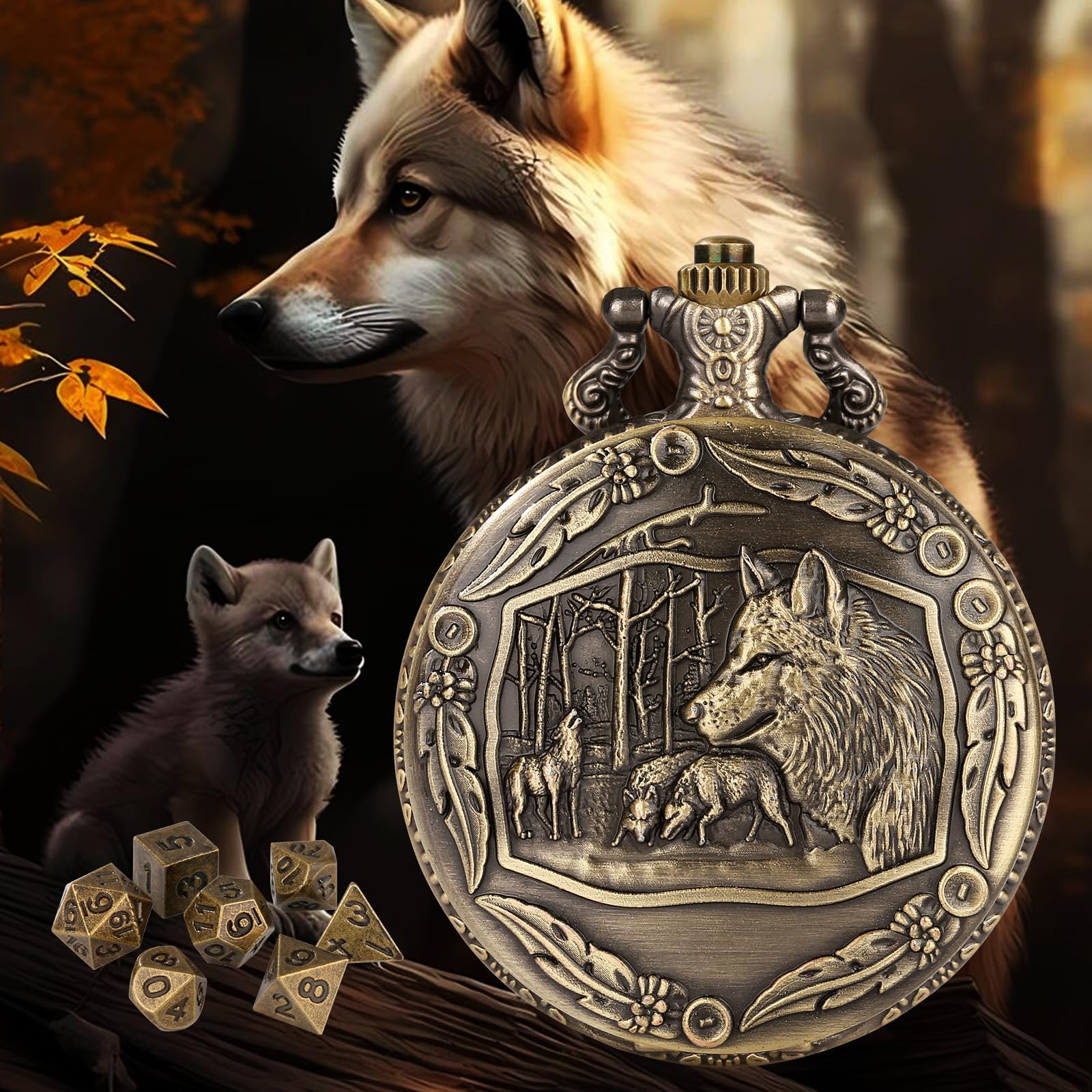 Wolf Pocket Watch Dice Set: 7 Polyhedral Metal Dice in Zinc Alloy Case with Leather Bag - D&D Starter Kit