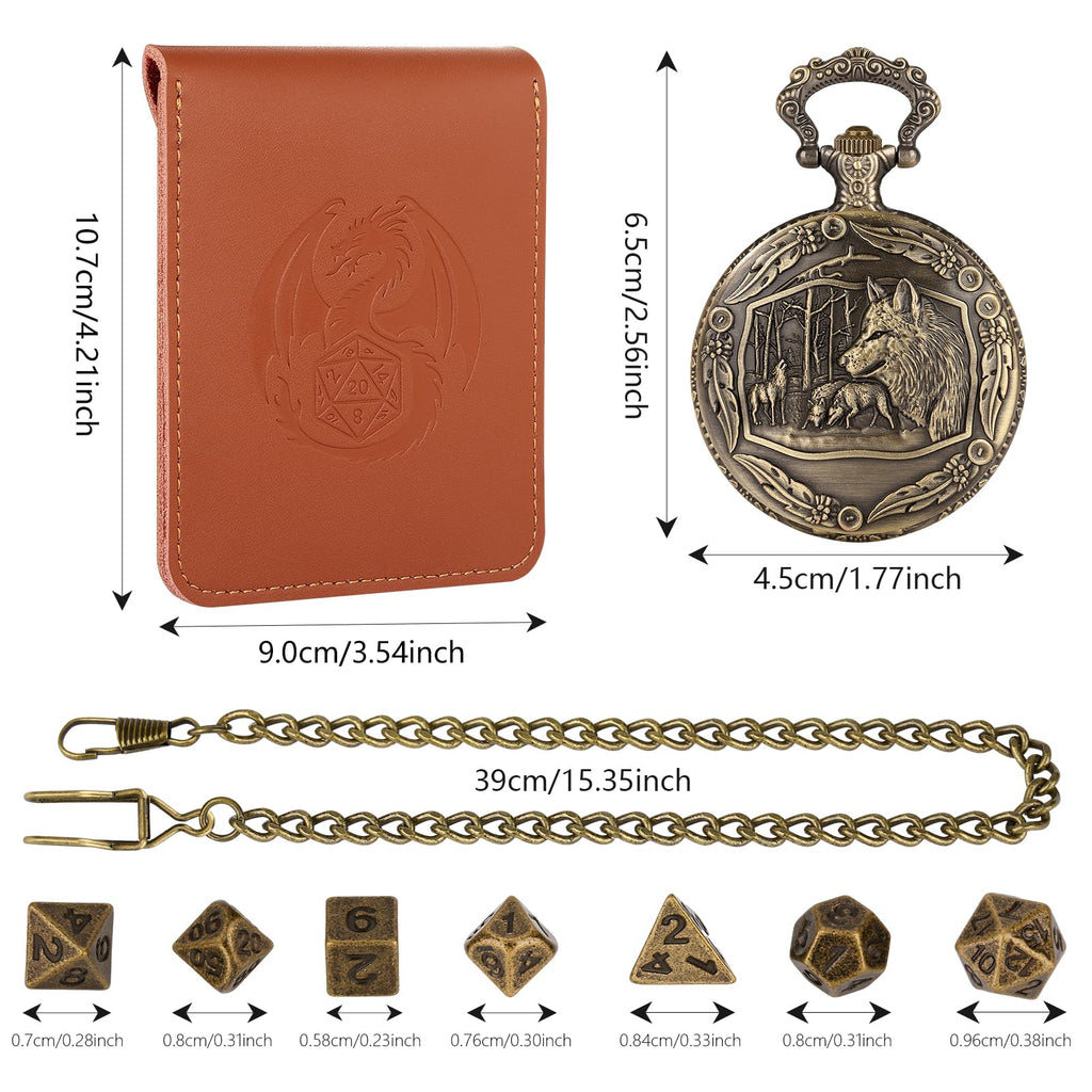 Wolf Pocket Watch Dice Set: 7 Polyhedral Metal Dice in Zinc Alloy Case with Leather Bag - D&D Starter Kit