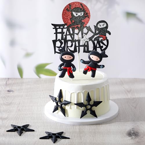 Wonderjune 9-Piece Ninja Cake Toppers – Black & Red Ceramic Decorations for Karate/Kung Fu Birthday Parties